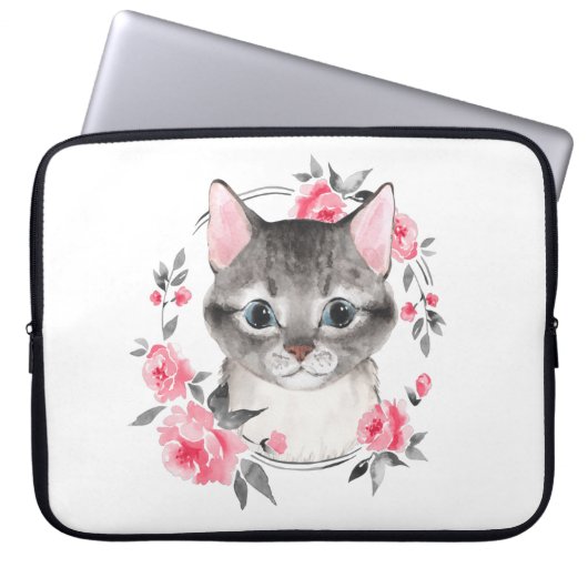 Graukatze mit Blume. Aquarell Laptopschutzhülle (Vorderseite)