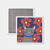 Graukatze mit Blume personalisieren Magnet (Vorderseite/Rückseite)
