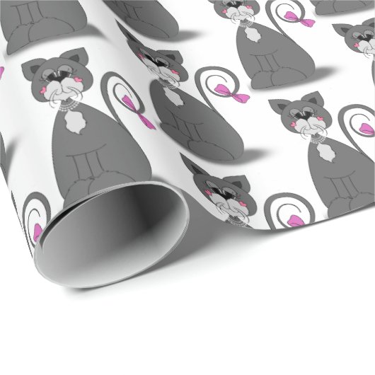 Graukatze mit rosa Bug Geschenkpapier (Rolleneckpunkt)