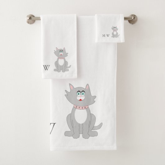 Graukatzendesign Mit Monogramm Badhandtuch Set (Insitu)