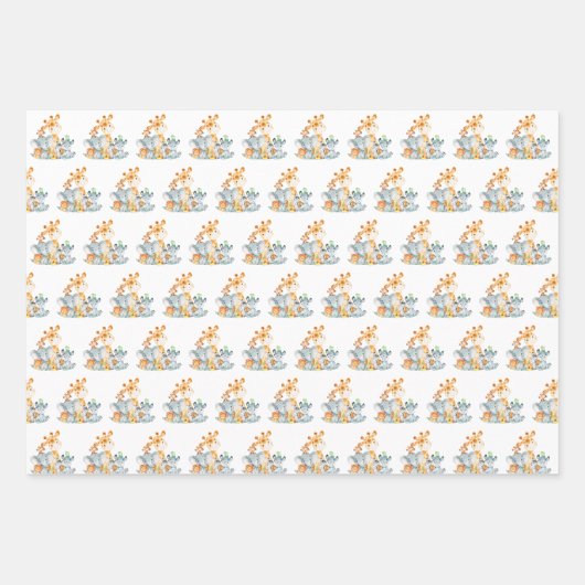 Grauminze Wasserfarbe Niedlich Safari Jungle Tiere Geschenkpapier Set (Vorderseite 3)