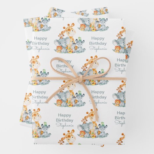 Grauminze Wasserfarbe Niedlich Safari Jungle Tiere Geschenkpapier Set (Beispiel)