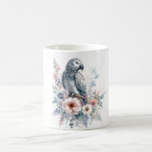 Graupapagei in floraler Aquarellmalerei Kaffeetasse