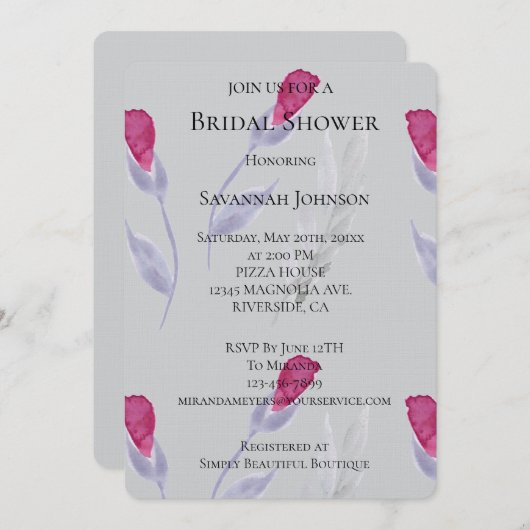 Graurosa Blume Brautparty Einladung (Vorne/Hinten)