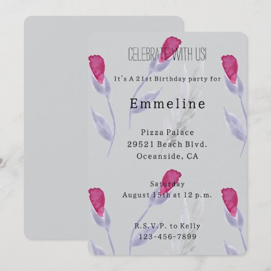 Graurosa Blume Geburtstag Einladung (Vorne/Hinten)