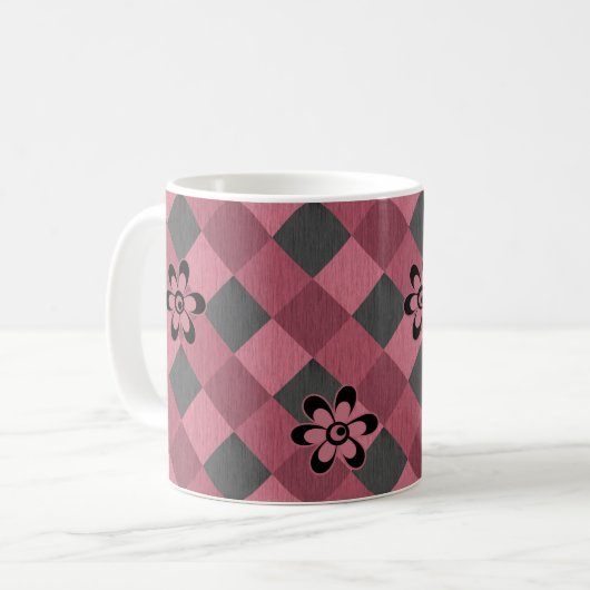 Graurosa geometrisch kariertes Muster mit Blume Kaffeetasse (Vorderseite Links)