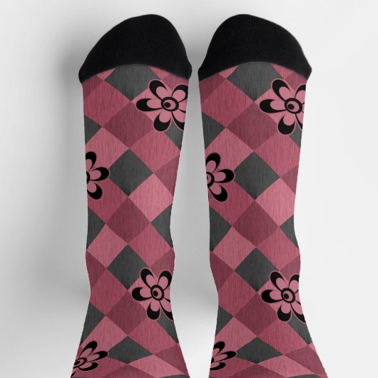 Graurosa geometrisch kariertes Muster mit Blume Socken (Oben)