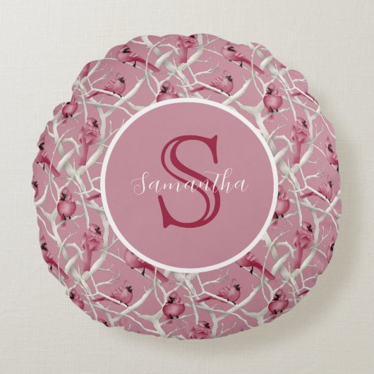 Graurosa Kardinal Vögel Personalisiert Monogram Rundes Kissen (Vorderseite)