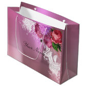 Graurosa Rote Peony White Lace Name Metallic Große Geschenktüte (Vorderseite Schrägansicht)