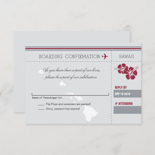 Grauroter UAWG Boarding Pass auf HAWAII RSVP Karte (Vorne/Hinten)