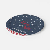 Graurotes, weißes und blaues Party Pappteller (Schrägansicht)