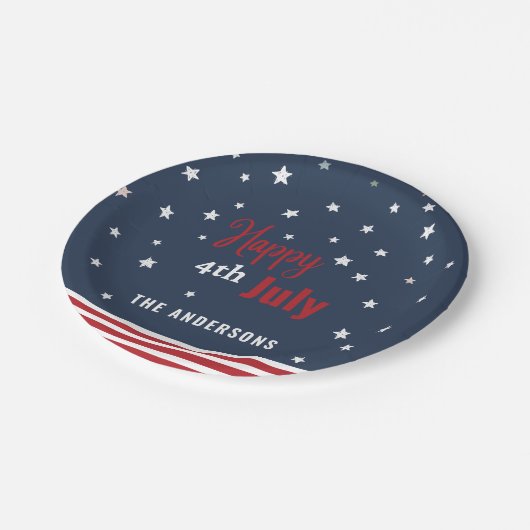 Graurotes, weißes und blaues Party Pappteller (Schrägansicht)