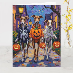 Grauschmuck-oder-Treating in Halloween-Kostümen Karte