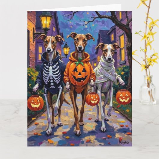 Grauschmuck-oder-Treating in Halloween-Kostümen Karte (Gelbe Blume)