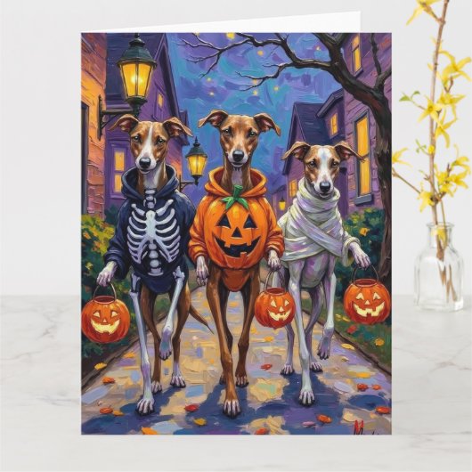 Grauschmuck-oder-Treating in Halloween-Kostümen Karte (Gelbe Blume)