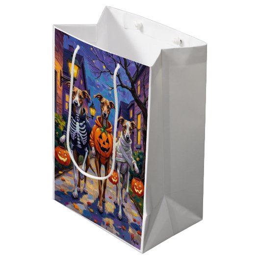 Grauschmuck-oder-Treating in Halloween-Kostümen Mittlere Geschenktüte (Vorderseite Schrägansicht)