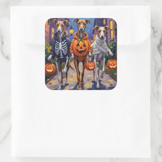 Grauschmuck-oder-Treating in Halloween-Kostümen Quadratischer Aufkleber (Tasche)