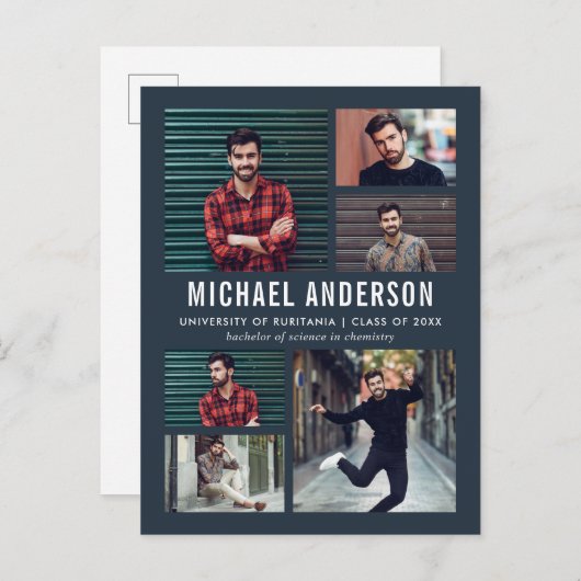 Grauschwarz | 6 FOTO ABSCHLUSS Einladungspostkarte (Vorne/Hinten)