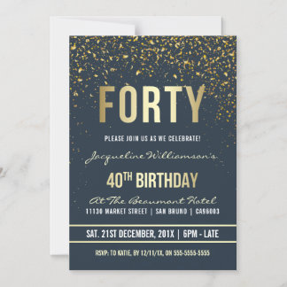 Grauschwarz | Gold Confetti 40. Geburtstag Party Magneteinladung