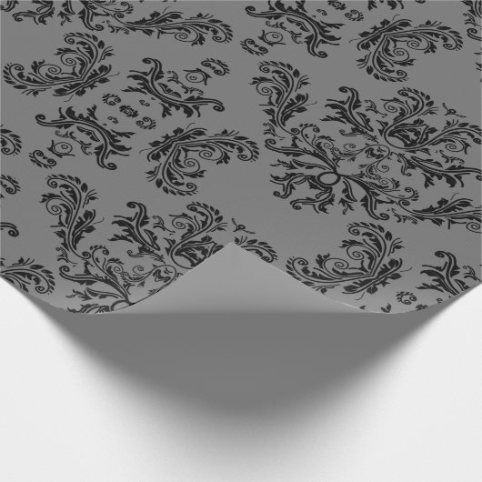Grauschwarzes Vintages Damastmuster Geschenkpapier (Ecke)