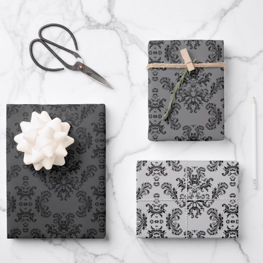 Grauschwarzes Vintages Damastmuster Geschenkpapier Set (Vorderseite)