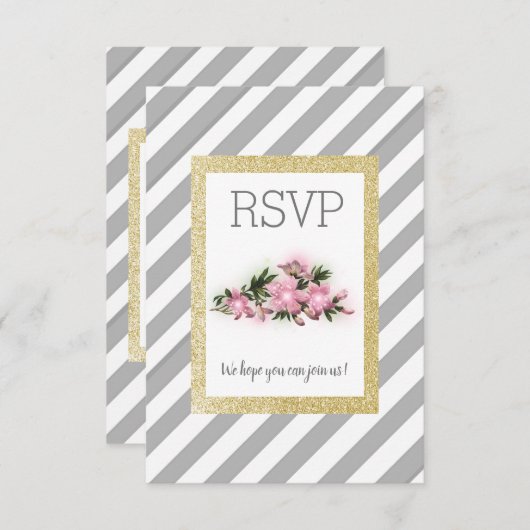 Graustreifen mit floraler Goldkarte des Glitzer RSVP Karte (Vorne/Hinten)