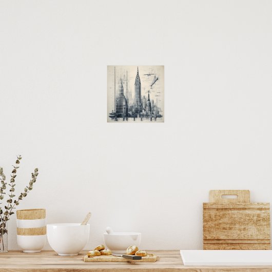 Graustufen-Gebäude-Blueprint Poster (Küche)