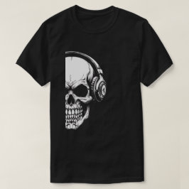 Graustufen-Schädel mit Kopfhörern Schwarzes T-Shir T-Shirt