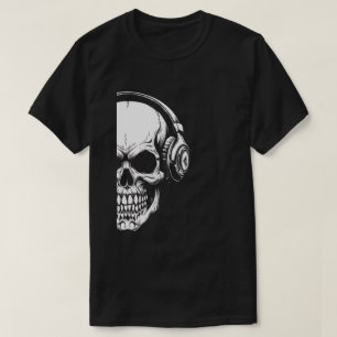 Graustufen-Schädel mit Kopfhörern Schwarzes T-Shir T-Shirt