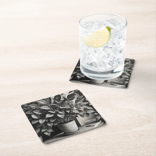 Graustufen-Topf-Pflanze mit riesigen Blätter Rechteckiger Pappuntersetzer (Vor Ort)