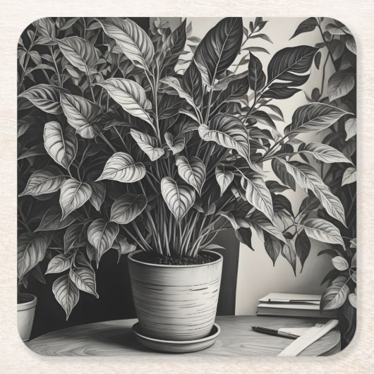 Graustufen-Topf-Pflanze mit riesigen Blätter Rechteckiger Pappuntersetzer (Vorderseite)