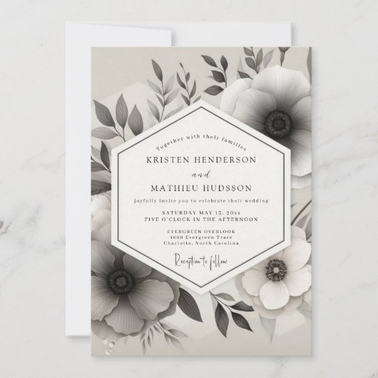 Graustufen-Tusche-Anemone-Hochzeit Einladung (Vorderseite)