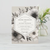 Graustufen-Tusche-Anemone-Hochzeit Einladung (Stehend Vorderseite)