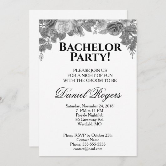 Graustufen von Rose und Glitzer Bachelor Party Einladung (Vorne/Hinten)