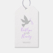 Grautaube fliegender Vogel lila Band Hochzeit dank Geschenkanhänger (Vorderseite)