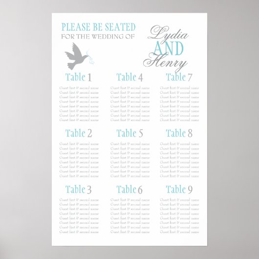 Grautaubenblauer Hochzeitstisch Plan 1-9 Poster (Vorne)