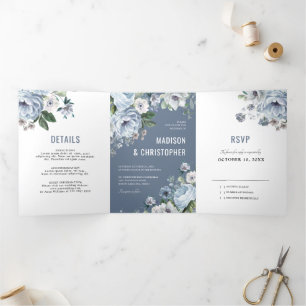 Grautöne Dusty Blue Winter Rustikale Hochzeit Tr Dreifach Gefaltete Ankündigung
