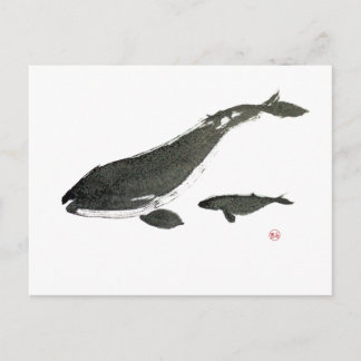 Grauwal Mama and baby sumie ink painting Postkarte