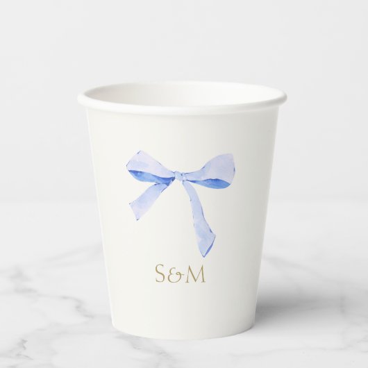 Grauweiß | Trendy Blue Ribbon Wedding Paper Cup Pappbecher (Vorderseite)