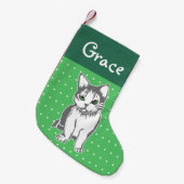 Grauweiße Katze Custom Grüner Weihnachtsfest Strum Kleiner Weihnachtsstrumpf (Vorderansicht (hängend))