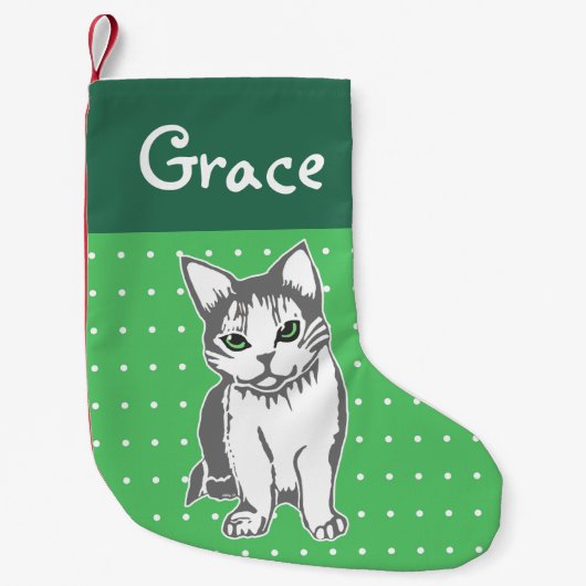 Grauweiße Katze Custom Grüner Weihnachtsfest Strum Kleiner Weihnachtsstrumpf (Vorderseite)