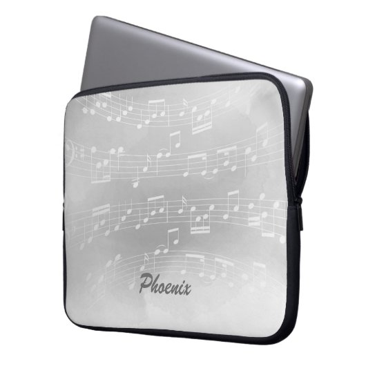 Grauweiße Musiknoten und benutzerdefinierte Monogr Laptopschutzhülle (Vorderseite Links)