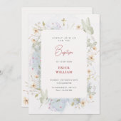 Grauweiße Wildblumen Aquarelltaufe Einladung (Vorne/Hinten)