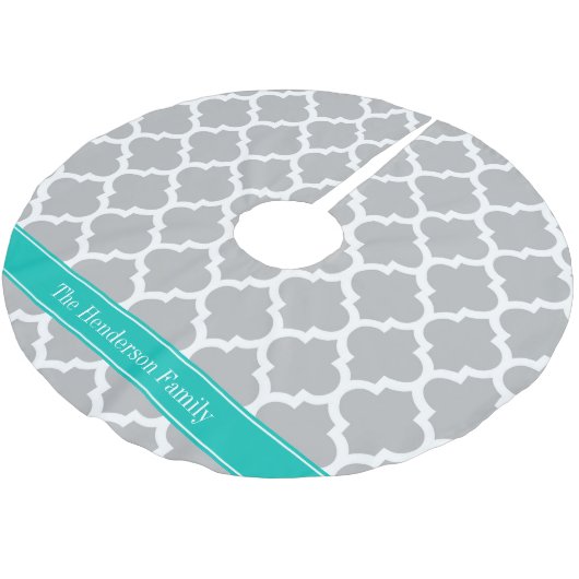 Grauweißes marokkanisches Monogramm #5 Aquamariner Polyester Weihnachtsbaumdecke (Schrägansicht)