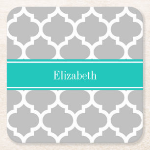 Grauweißes marokkanisches Monogramm #5 Aquamariner Rechteckiger Pappuntersetzer