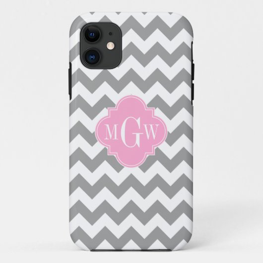 Grauweißes Zickzack rosa Quatrefolie 3 Monogramm Case-Mate iPhone Hülle (Rückseite)