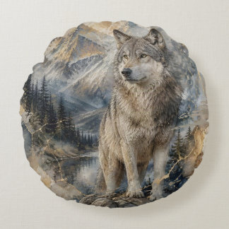 Grauwolf Aquarell Berge Wildnis Rundes Kissen