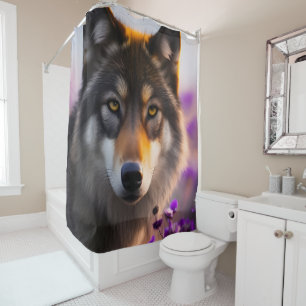 Grauwolf in violetten Blumen Duschvorhang