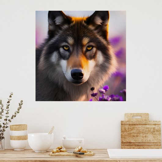 Grauwolf in violetten Blumen Poster (Küche)