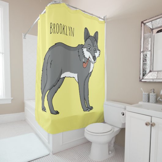 Grauwolf mit Pipe-Cartoon-Abbildung Duschvorhang (Beispiel)